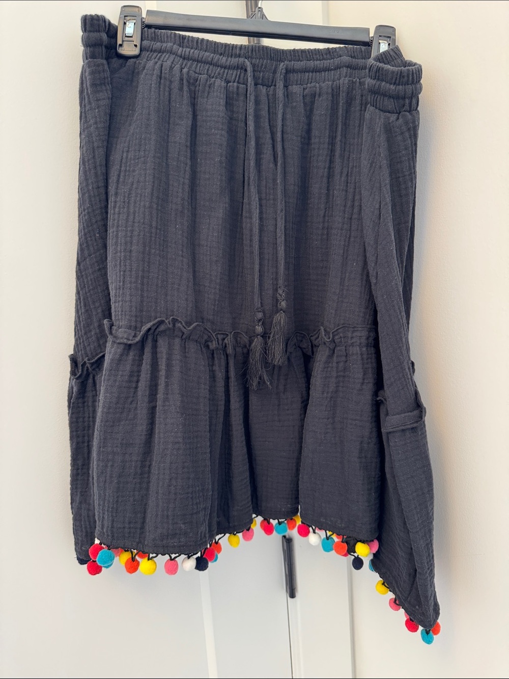 Woman  Black Tiered Skirt with Color Pom Pom Trim
